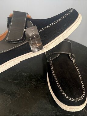 Alessi Black Slip-On Moccasin Loafers with White Stitching